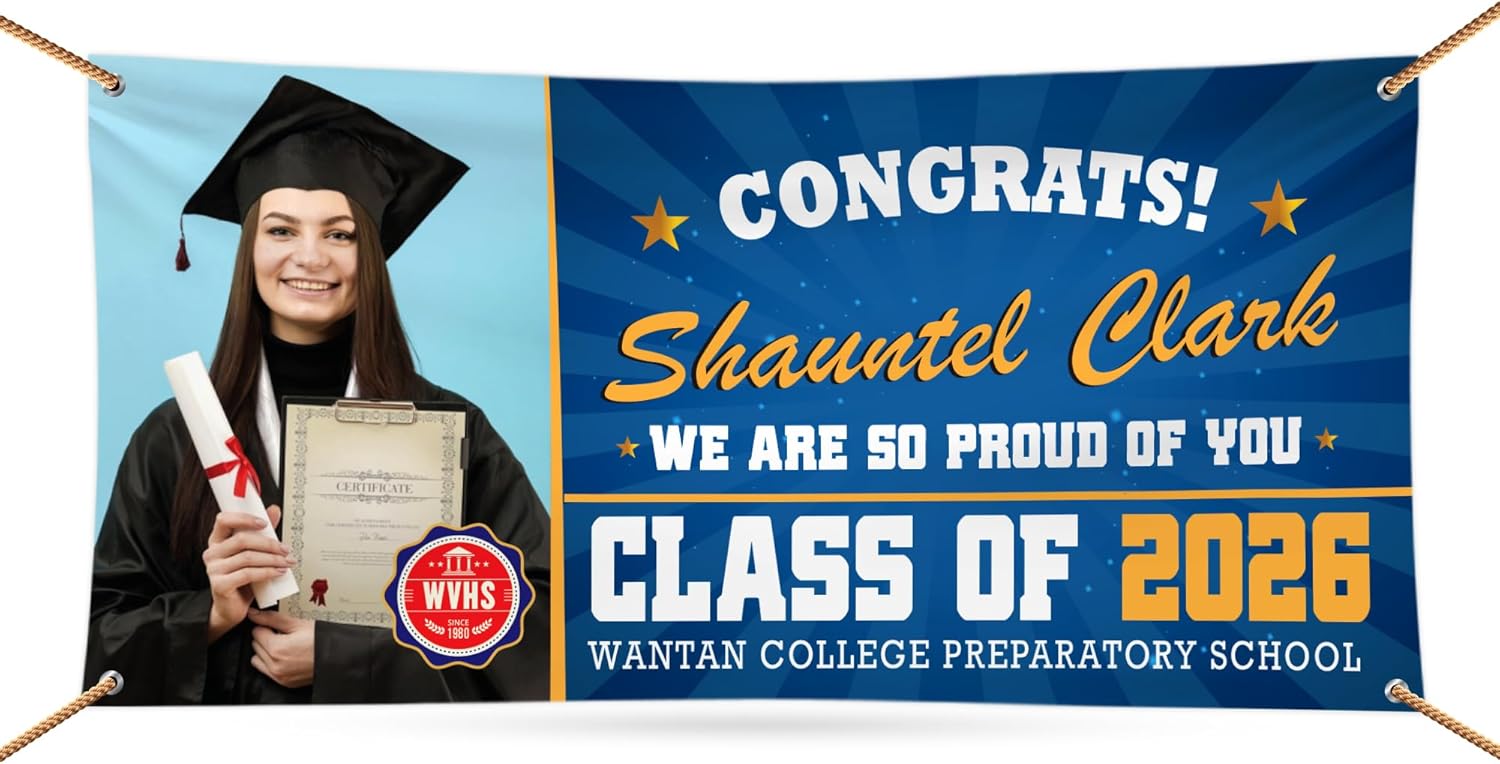 Graduation Banner Sign Personalized - 13 Oz Waterproof Custom Graduation 2026, GRAD Party Vinyl Banner With Metal Grommets, VP5580