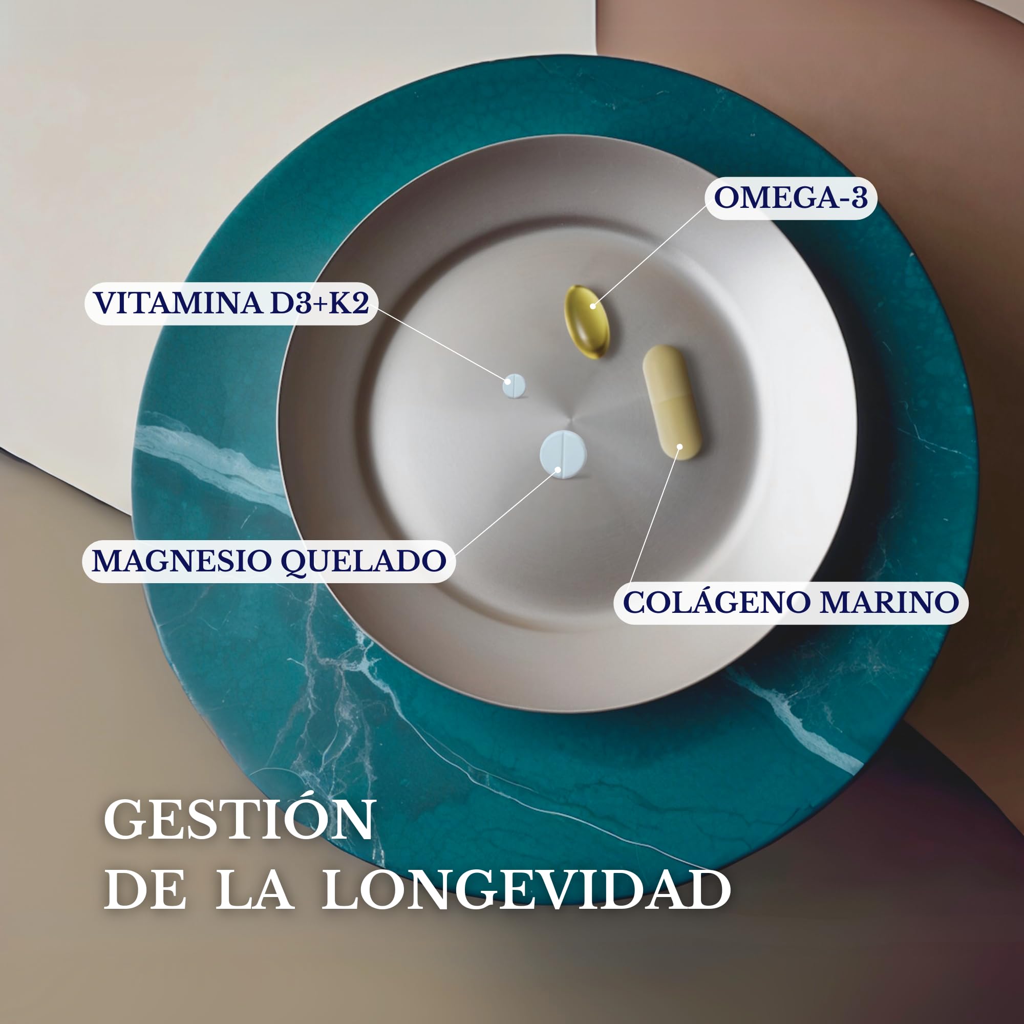 Gestión de la Longevidad | Vitamina D3 y K2 4000 UI + Magnesio Omega 3 Colágeno - Sin OMG | Poderosa sinergia de vitaminas y minerales l 28 Dosis Diarios