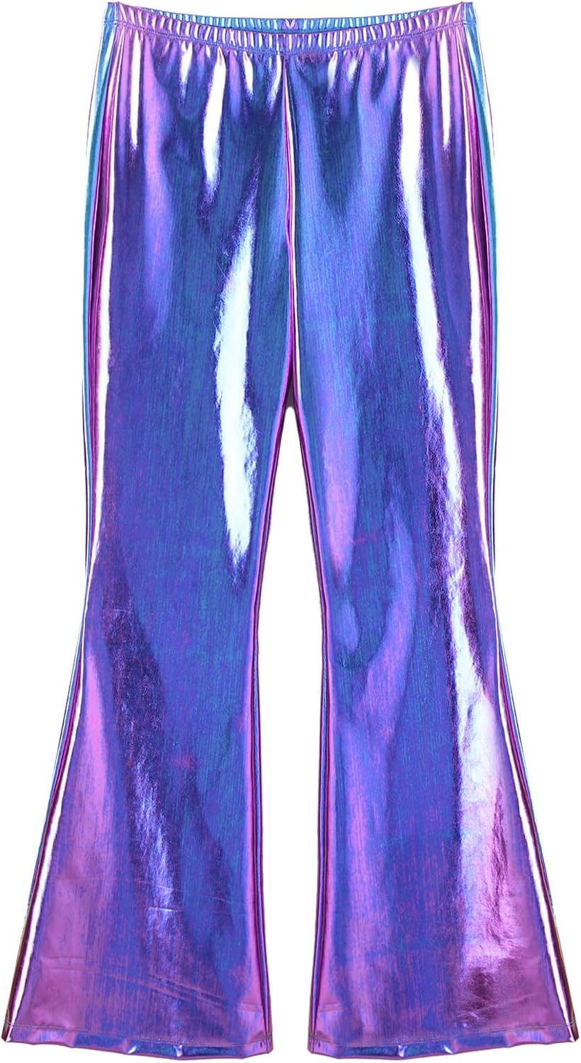 Mens 60s 70s Disco Flared Trousers Metallic Bell Bottoms Pants Nightclub Rave Party Dance Costume