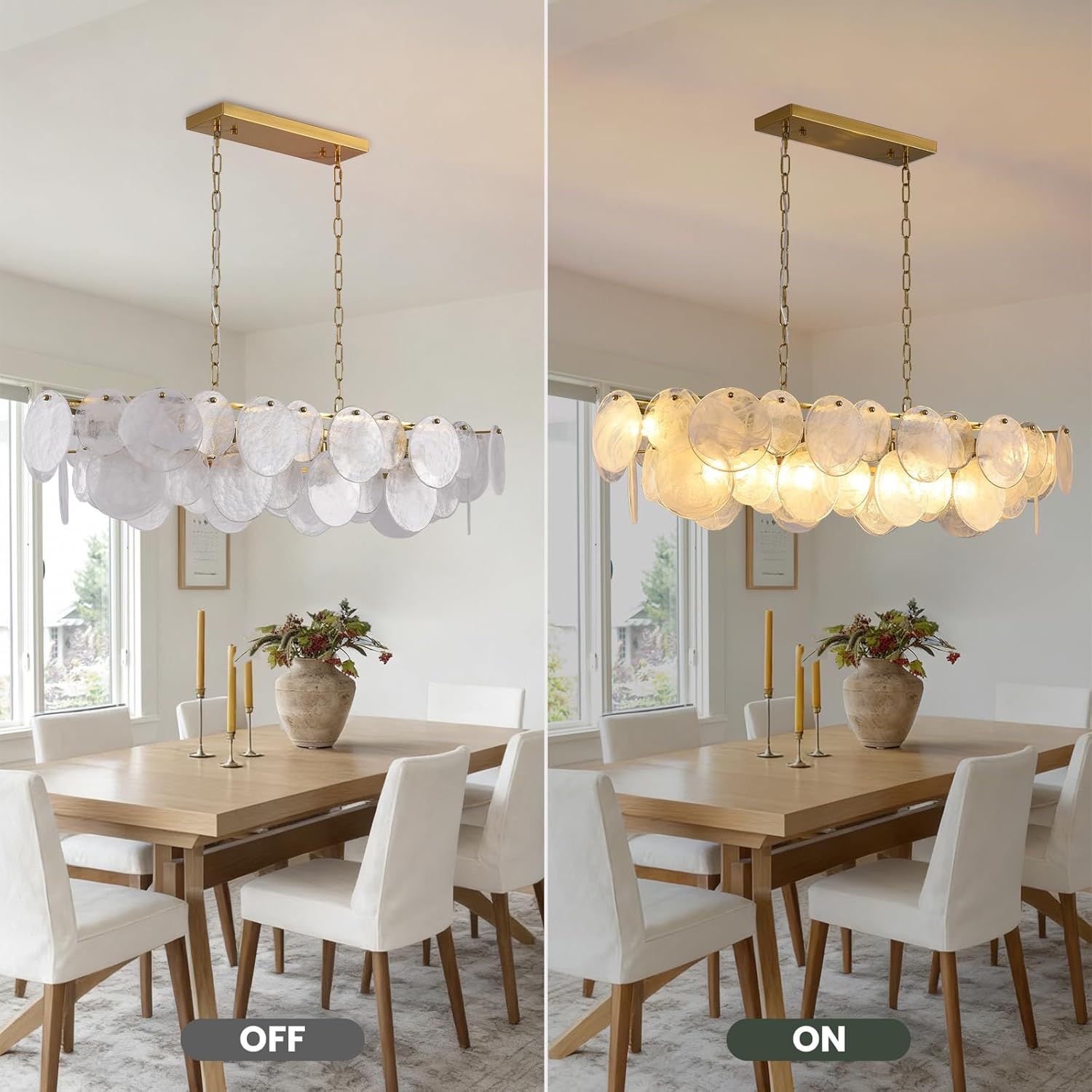 Modern Glass Chandelier, L43.31'' Rectangular Brushed Brass Gold Chandeliers, 12-Light Cloud Pendant Fixture Large Oval Pendant Ceiling Light Fixture for Dining Room, Kitchen Island, E12