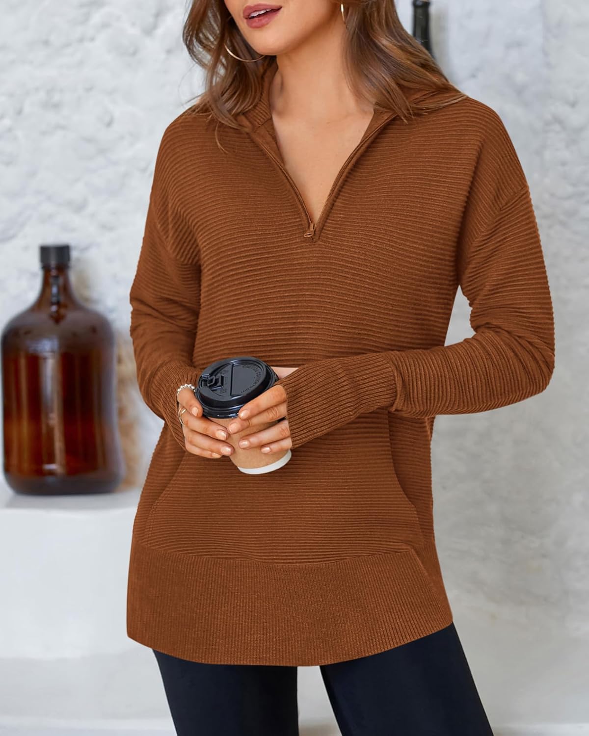 BTFBM Sweaters for Women Fall Clothes 2026 Pocket Quarter Zip Pullover V Neck Long Sleeve Knit Trendy Winter Sweater - Image 3