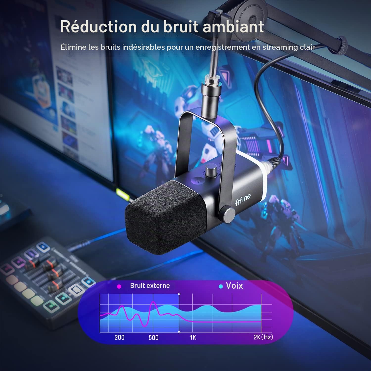 Microphone de jeu FIFINE XLR/USB, micro dynamique de streaming en studio, microphone de bureau pour ordinateur pour podcast, voix off, enregistrement, avec RGB, mute, prise casque de surveillance