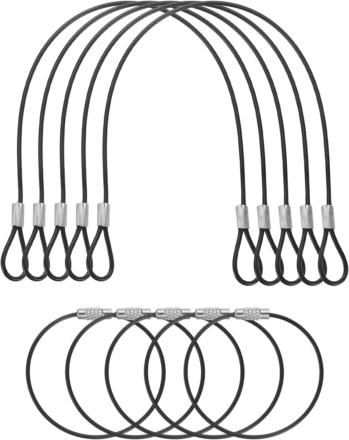 5 Set Double Loop Security Cable Lock (0.98 ft X0.08'') + Keychain Cable, Black