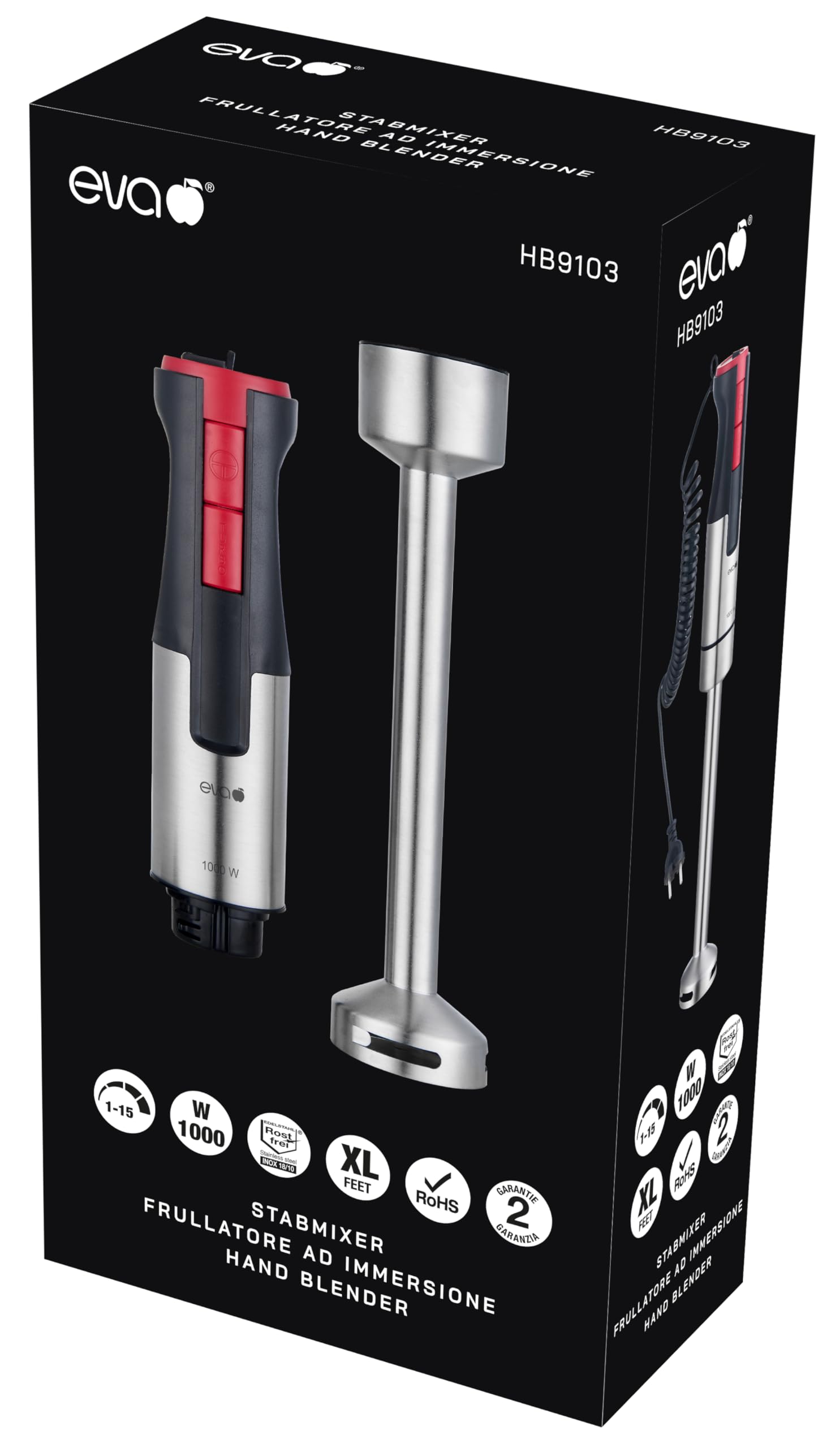 Frullatore a immersione Eva PRO HB9103 - Black & Red Hand Blender - Grigio/Nero/Rosso – Per uso domestico avanzato e semi-professionale – 1000–1200 W – Lama in acciaio inox – Asta XL da 27 cm