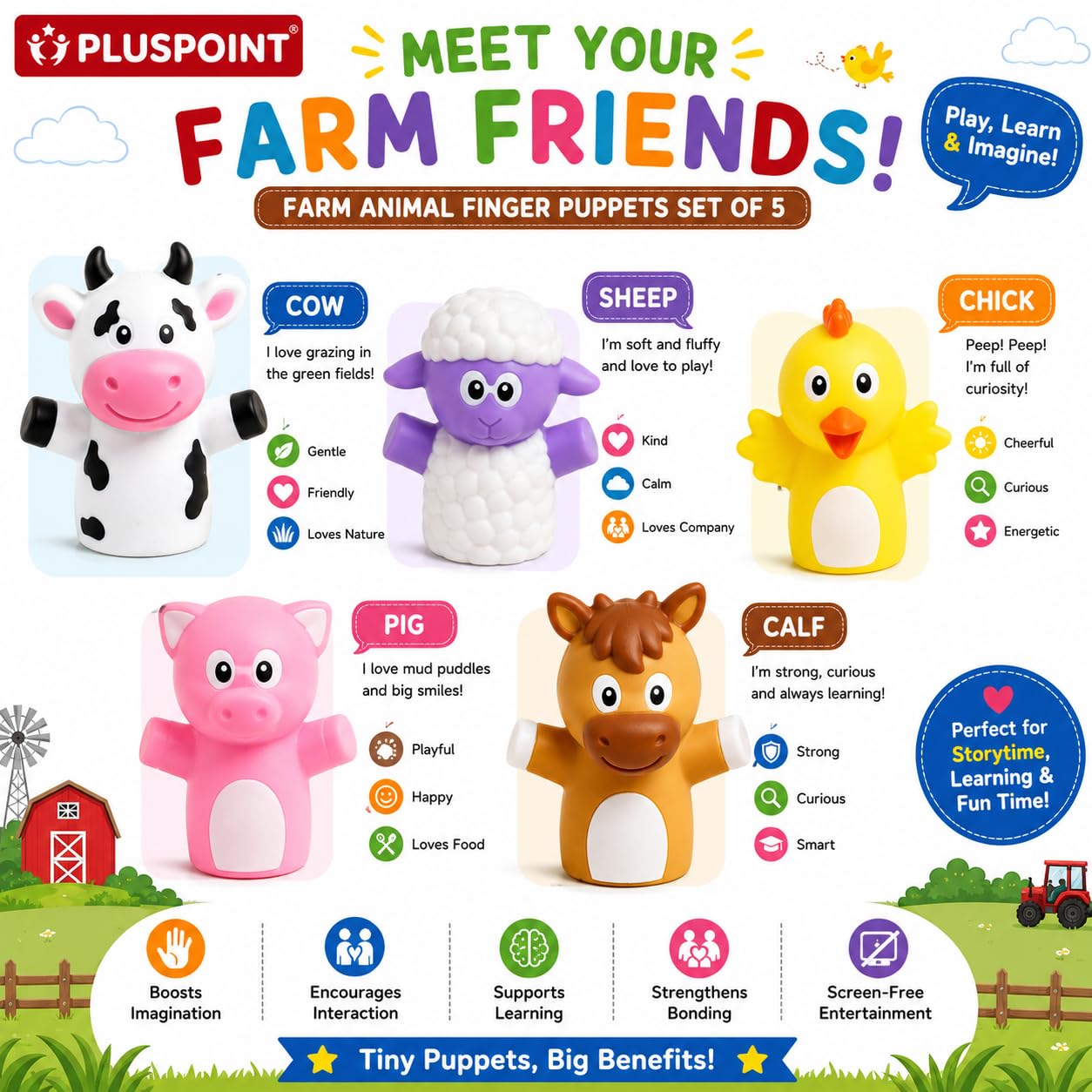 PLUSPOINT Farm Animal Finger Puppets Set of 5 for Kids β Soft Rubber Finger Puppet Toys for Storytelling, Pretend Play, Educational Learning, Party Favors, Goodie Bag Fillers & Birthday Gifts 2