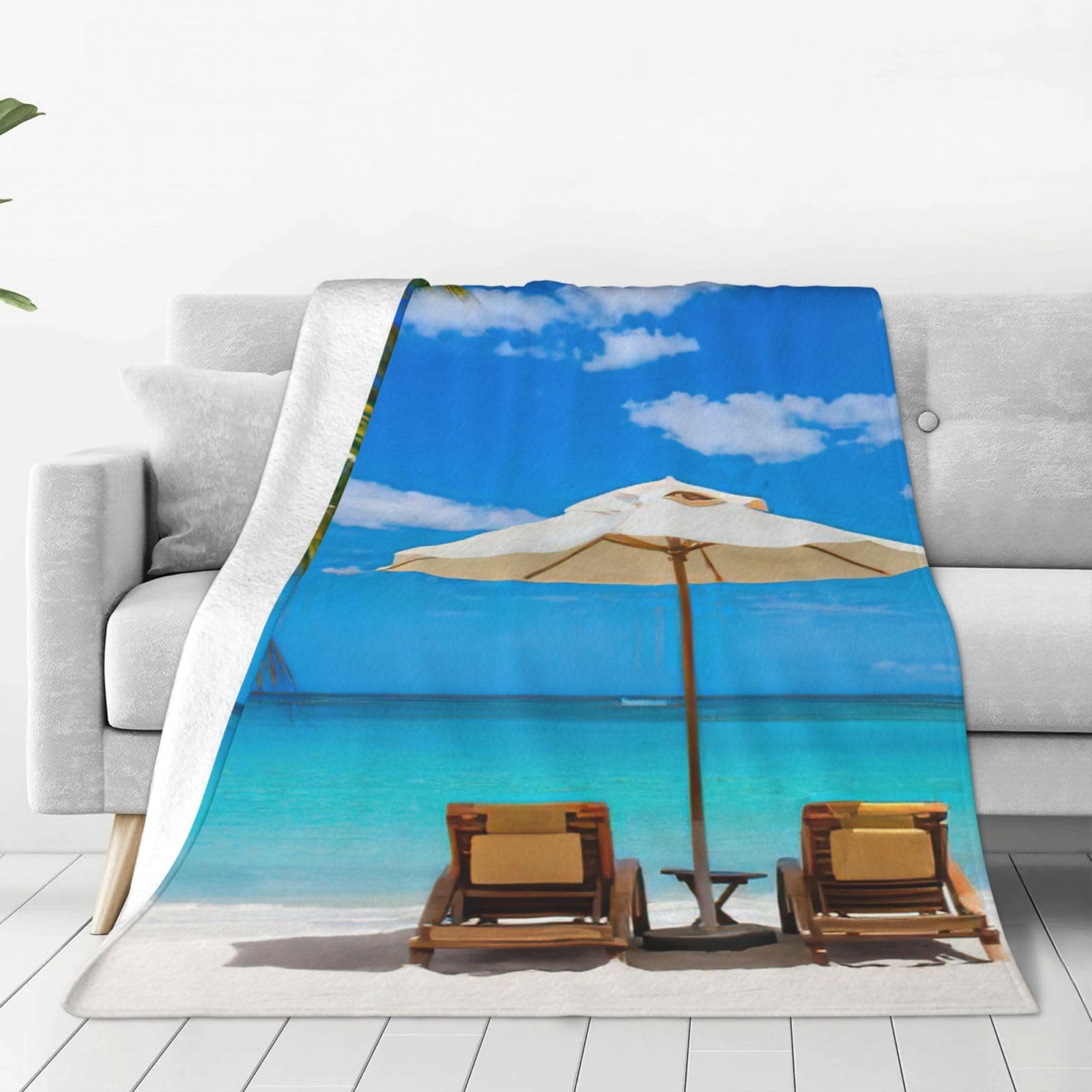 Couverture polaire en flanelle légère blanc motif plage tropicale pour lit et canapé