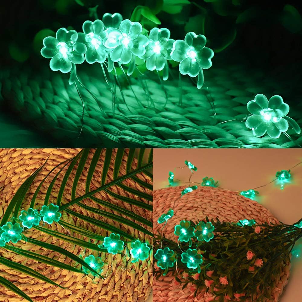 St. Patrick’s Day Shamrock String Lights, 10ft 40 LEDs Battery Operated Green Lucky Four-Leaf Clover Fairy Lights with Remote & Timer for St. Patrick's Day Decoration Irish Party Indoor Outdoor Decor