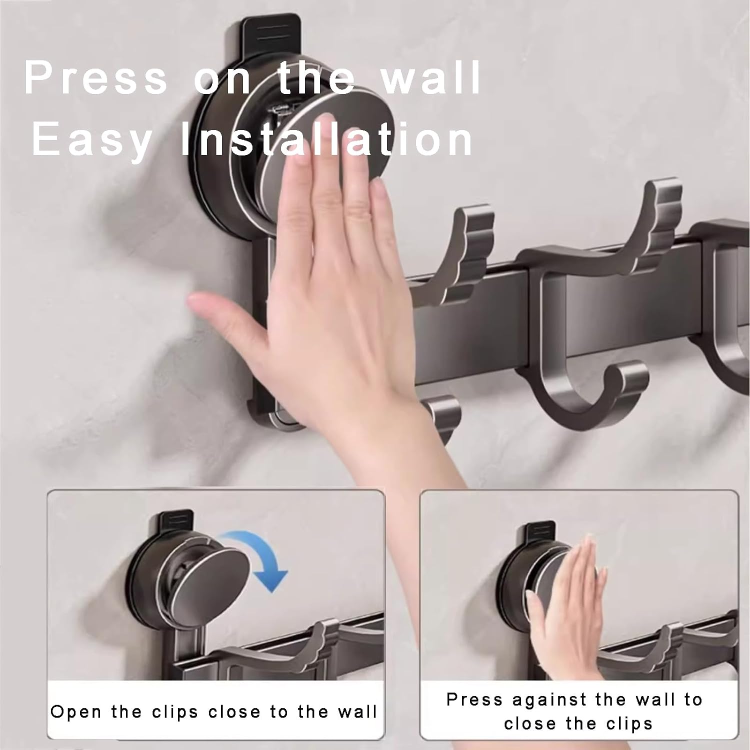 Gray Aluminum Vacuum Suction Cup Towel Holder - Single Rod with Double Hooks, Adjustable Length (L7.5-23.2") - Durable Household Towel Rack for Easy Hanging