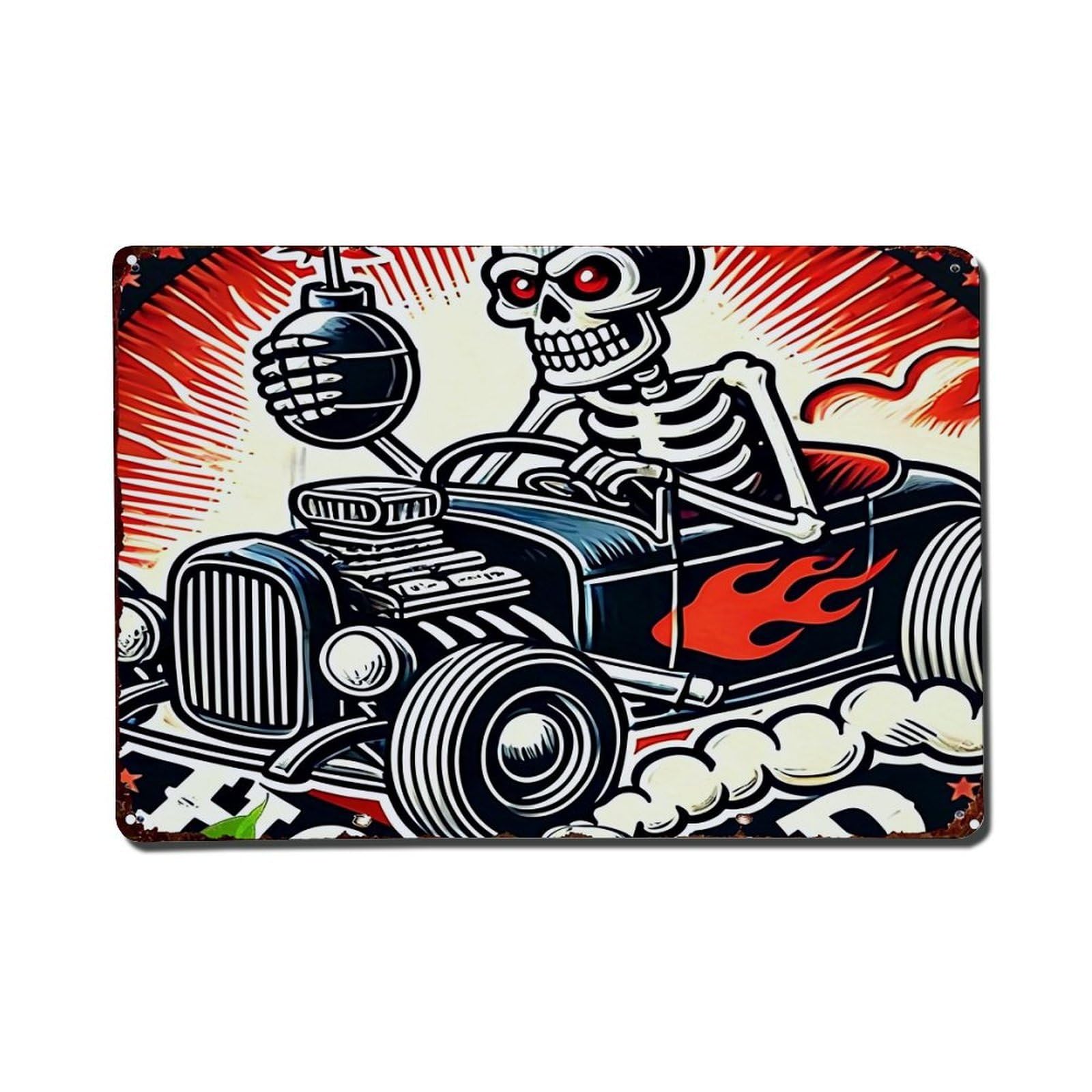 Nestemfo Vintage Skeleton Driving Hot Rod Car Tin Sign Metal Sign, Living Room,Bar, Home, Bedroom Wall Decor,Retro Metal Poster 8X12 Inches