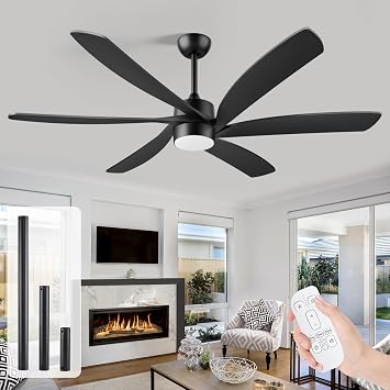 64 Inch Black Ceiling Fan with Light, Modern Outdoor Ceiling Fan for Patios, Indoor Large High CFM 6-Speed Quiet Reversible DC Motor Fan for Living Room Bedroom Garage Commercial Use