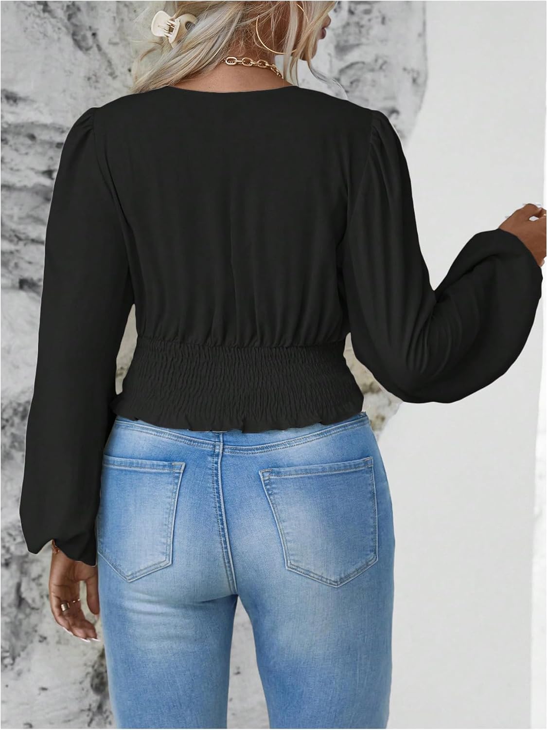 MakeMeChic Women's Plus Size Wrap V Neck Tops Long Sleeve Ruched Crop Top Business Casual Blouse - Image 2