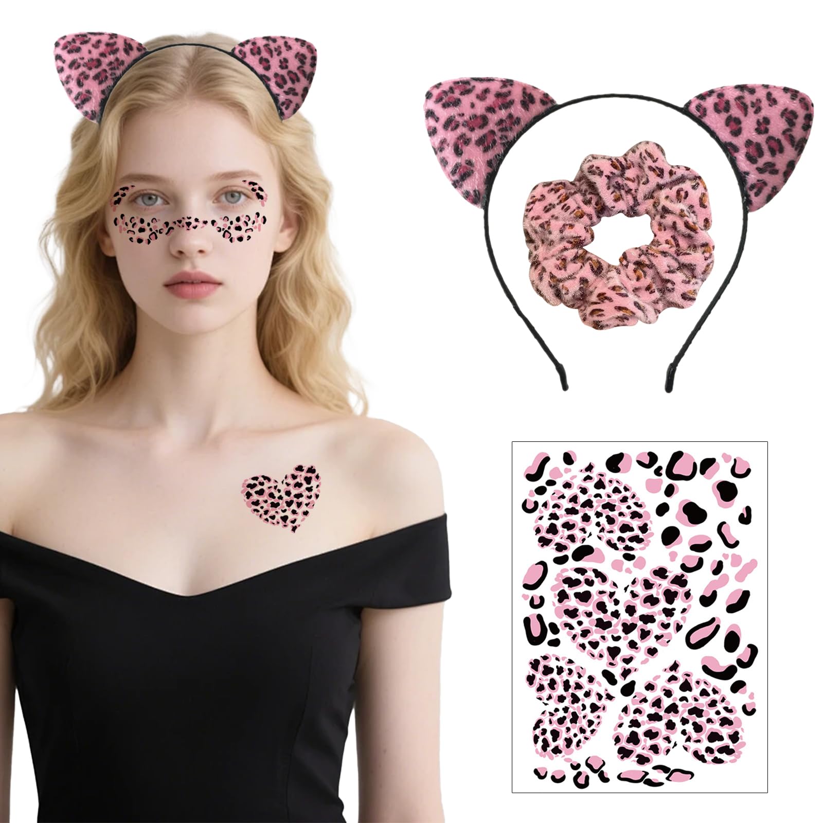 BSITSSS Leopard Print Cat Ears Headband + Leopard Face Art Sticker + Hair Ties, Fashion LeopardEars, Leopard Headband Sweet and Adorable for Women Furry Bear Ears Party Costume