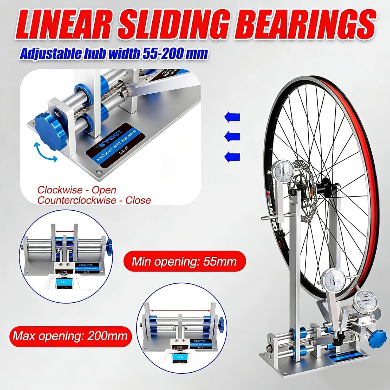 Soporte de rueda para mantenimiento de bicicleta, con soporte de rodamiento y llave de radios, ajustable para cubos de 55 a 200 mm, herramienta de alineación de llantas