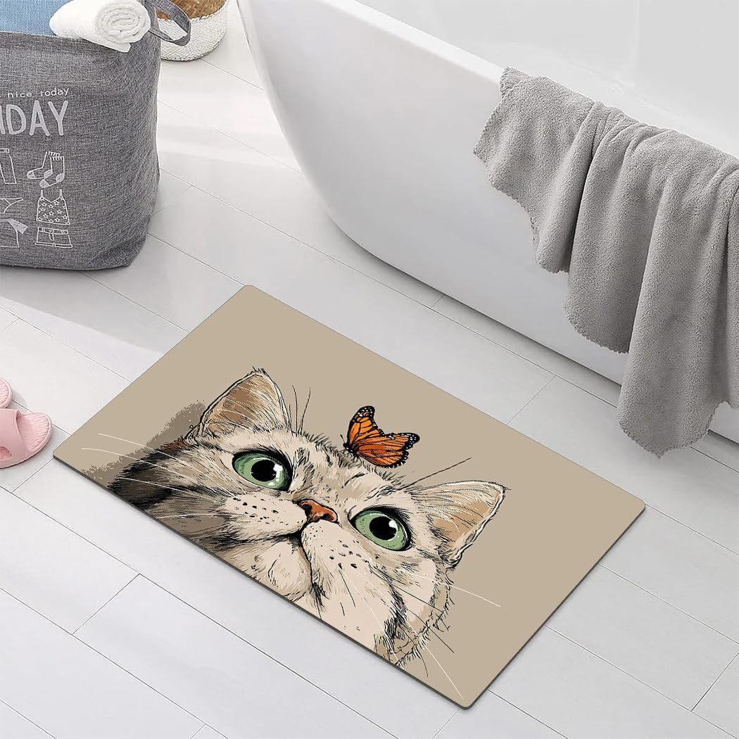 Grey Cat Peeking Printed Bathroom Rug Non - Slip Washable Rubber - Backed Bath Mat 16"x24"