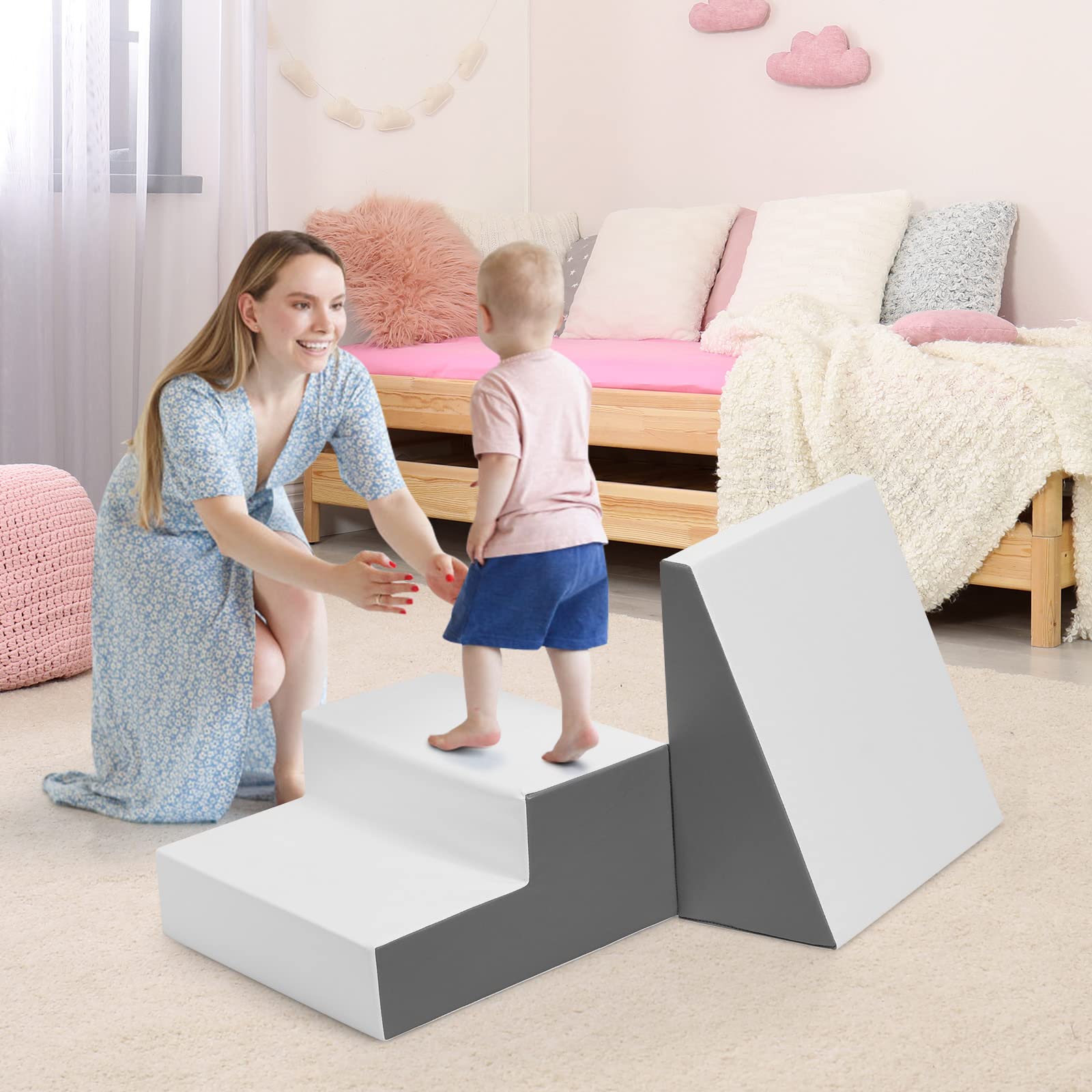 RELAX4LIFE Set di 2 Blocchi in Schiuma per Bambini, Scaletta e Trapezio da Assemblare e per Arrampicarsi, Centro Attività Componibile per Bambini (Bianco)