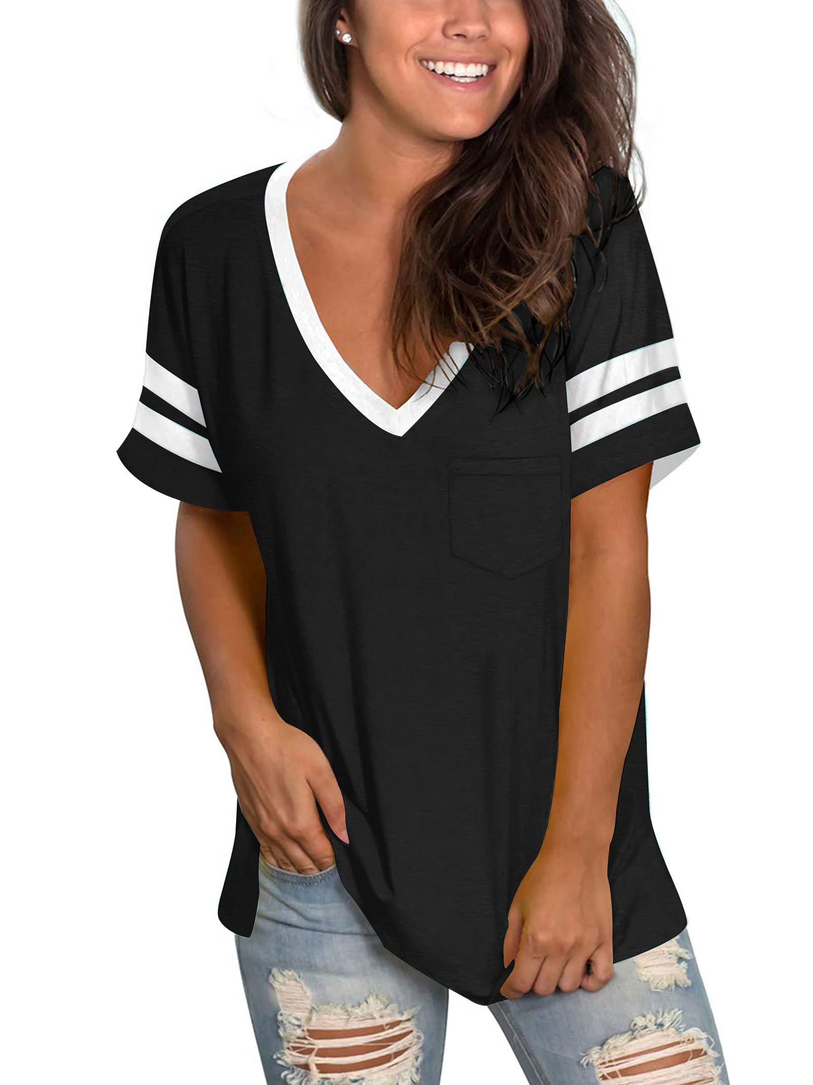 MOLERANI Women's Short Sleeve V-Neck Shirts Loose Casual Tee Summer Tops with Pocket (XL, 2Black)