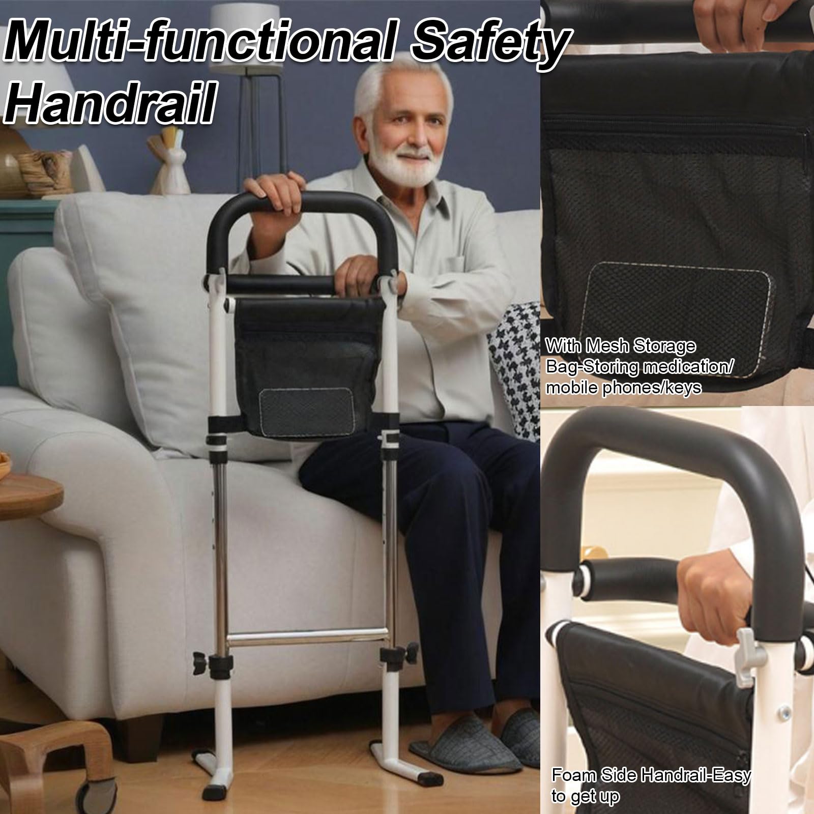 Barriere de Lit Adulte,Potence de Lit avec Potence 5 Niveaux Réglable(72 à 87cm),Aide à la Station Debout pour Personne âgée avec accoudoirs latéraux,Aide à la mobilité et au Quotidien,Capacité 150kg
