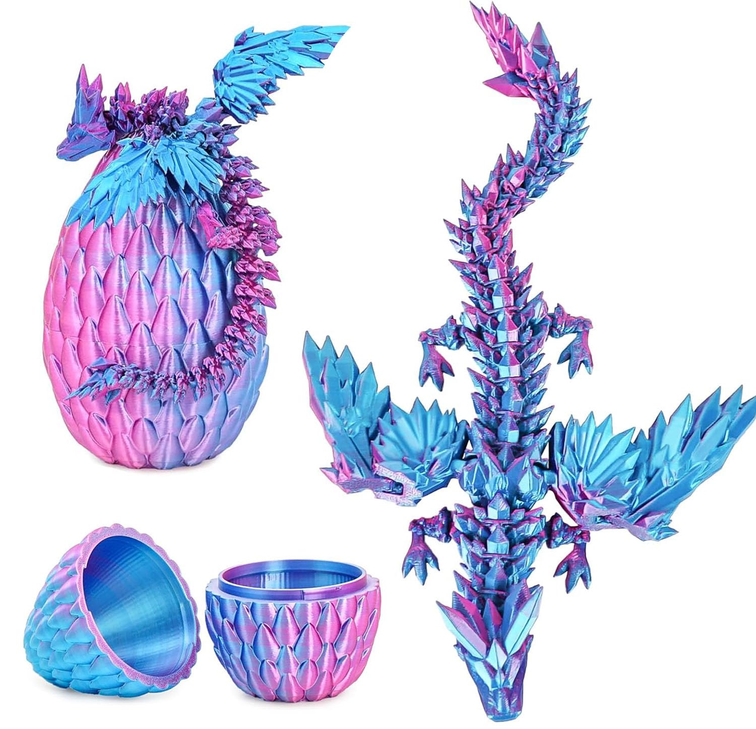3D Printed Dragon in Egg - Fully Articulated Crystal Figurine for Christmas Easter Birthdays, Executive Desk Decor (Purple)