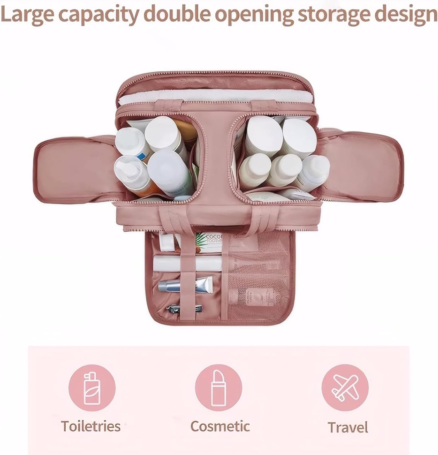 Elouva Convely Toiletry Bag, Elouva Makeup Bag, Large Capacity Puffy Wide-Open Travel Cosmetic Bag with Handle for Accessories, 4-in-1 Multi Compartment Toiletry Organizer Bags for Women (Pink)