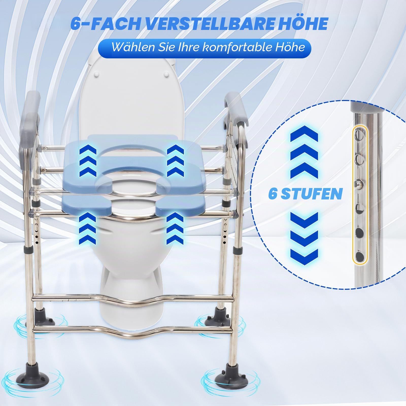 Toilettensitzerhöhung mit Armlehnen 6-fach Höhenverstellbar 66-76CM, Tragkraft 330LBS Toilettenstuhl für Senioren Toilettenerhöhung für ältere Menschen, Schwangere,Behinderte Passend für Jede Toilette