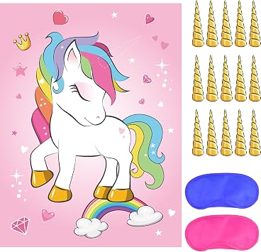 ASTARON Pin The Horn on The Unicorn Birthday Party Game with 30 Horns for Unicorn Party Supplies Favors Girls Rainbow Party Decorations, Pin The Tail Game for Christmas