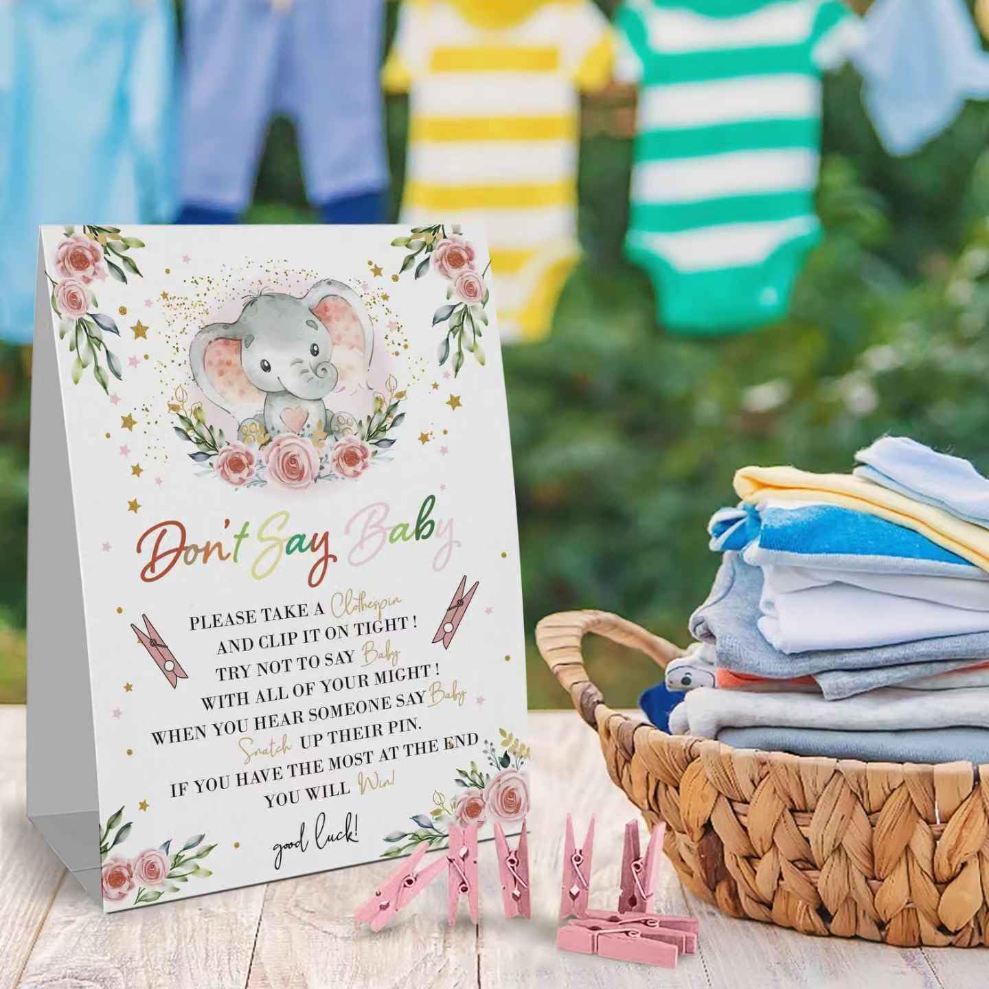 'Don't Say Baby Clothespin' znak do gier (1 znak + 50 mini spinaczy do bielizny), różowy słoń baby shower gra, dekoracja baby shower, It's a Girl