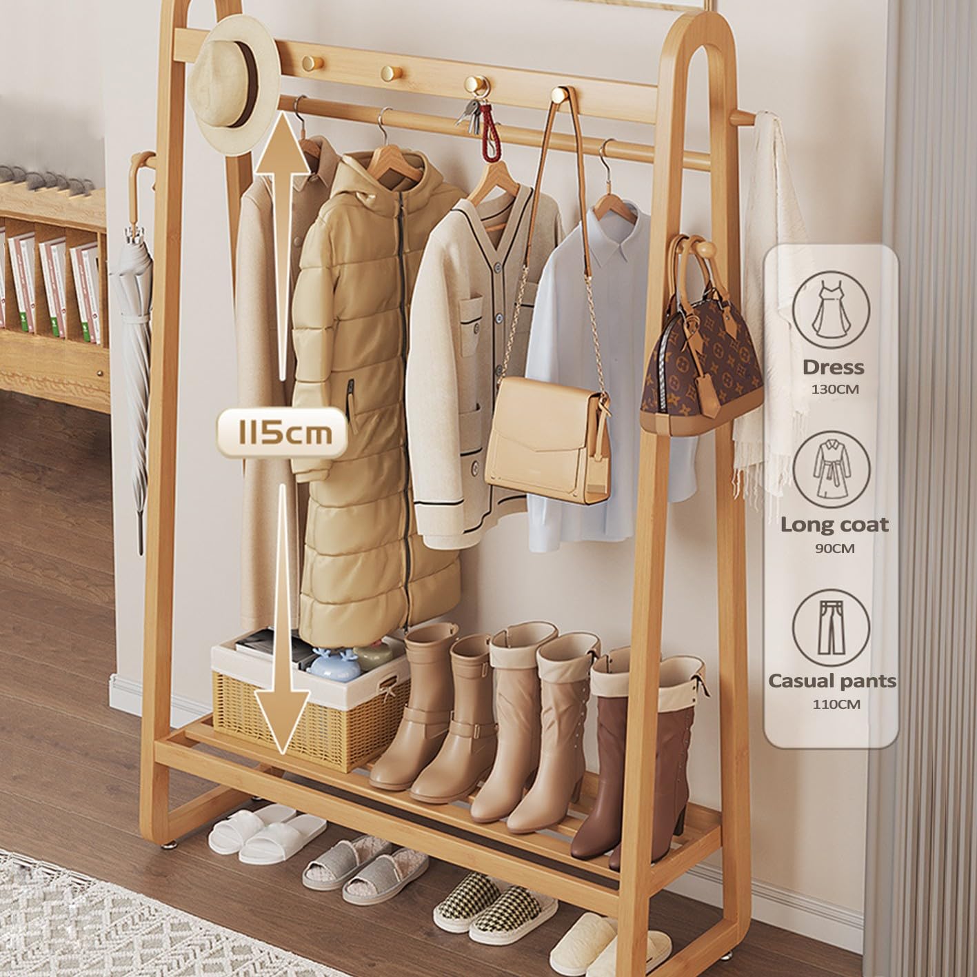 Appendiabiti Portatile In Bambù - Con 2 Ripiani, 140cm Altezza, Multifunzione Per Camera E Corridoio - Foto 4