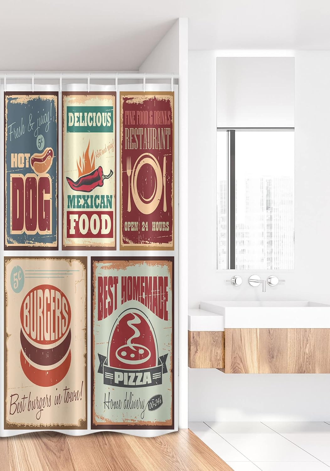 Ambesonne Retro Stall Shower Curtain, Nostalgic Tin Signs Mexican Food Prints Aged Advertising Logo Style Design, Fabric Bathroom Decor Set with Hooks, 36" W x 72" L, White Burgundy Multicolor