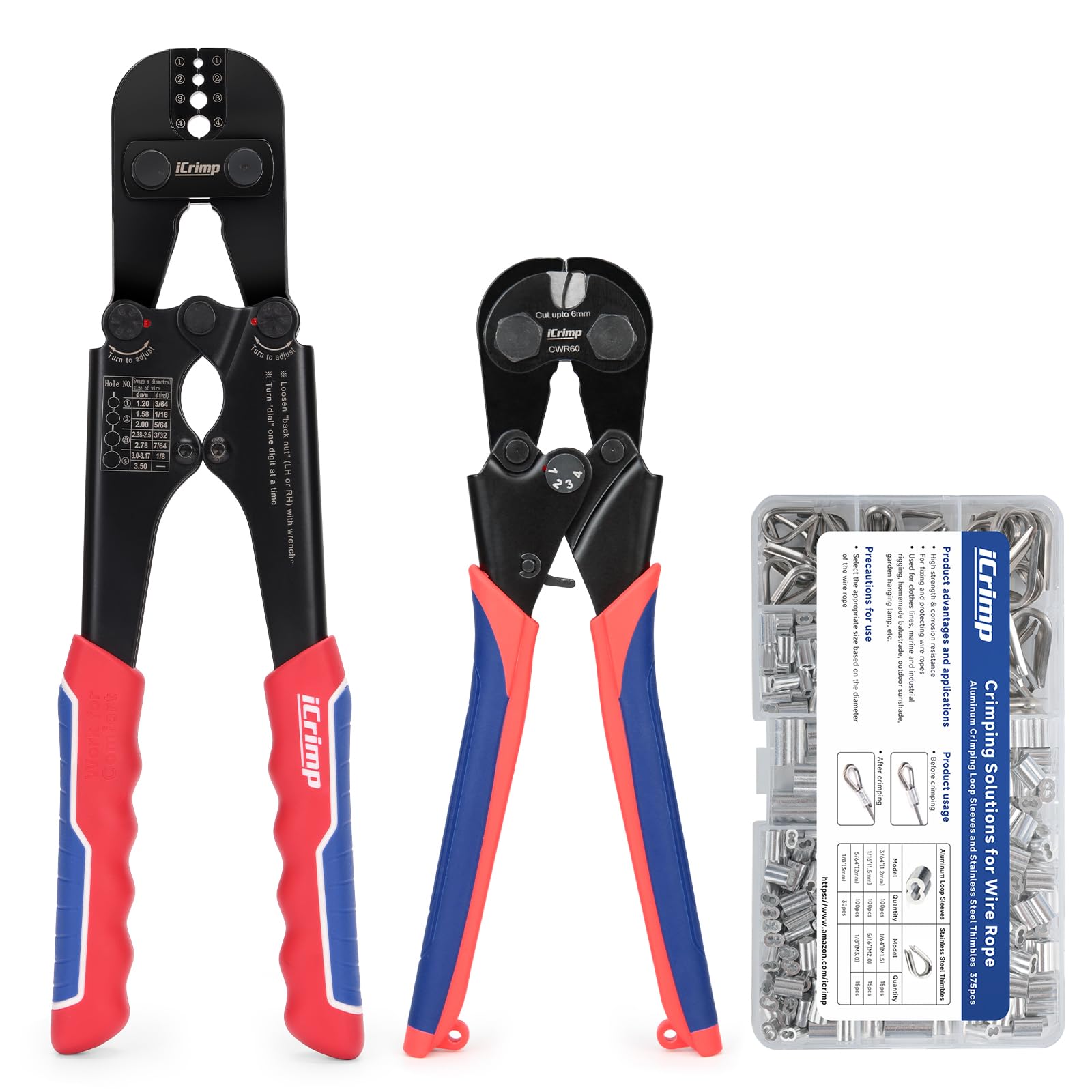 iCrimp Wire Rope Swager, 3/64-inch to 1/8-inch Wire Rope Crimping Tool with Cutter and 375pcs Sleeve Set, Fishing Crimping Tool IWS-1608M & CWR-60