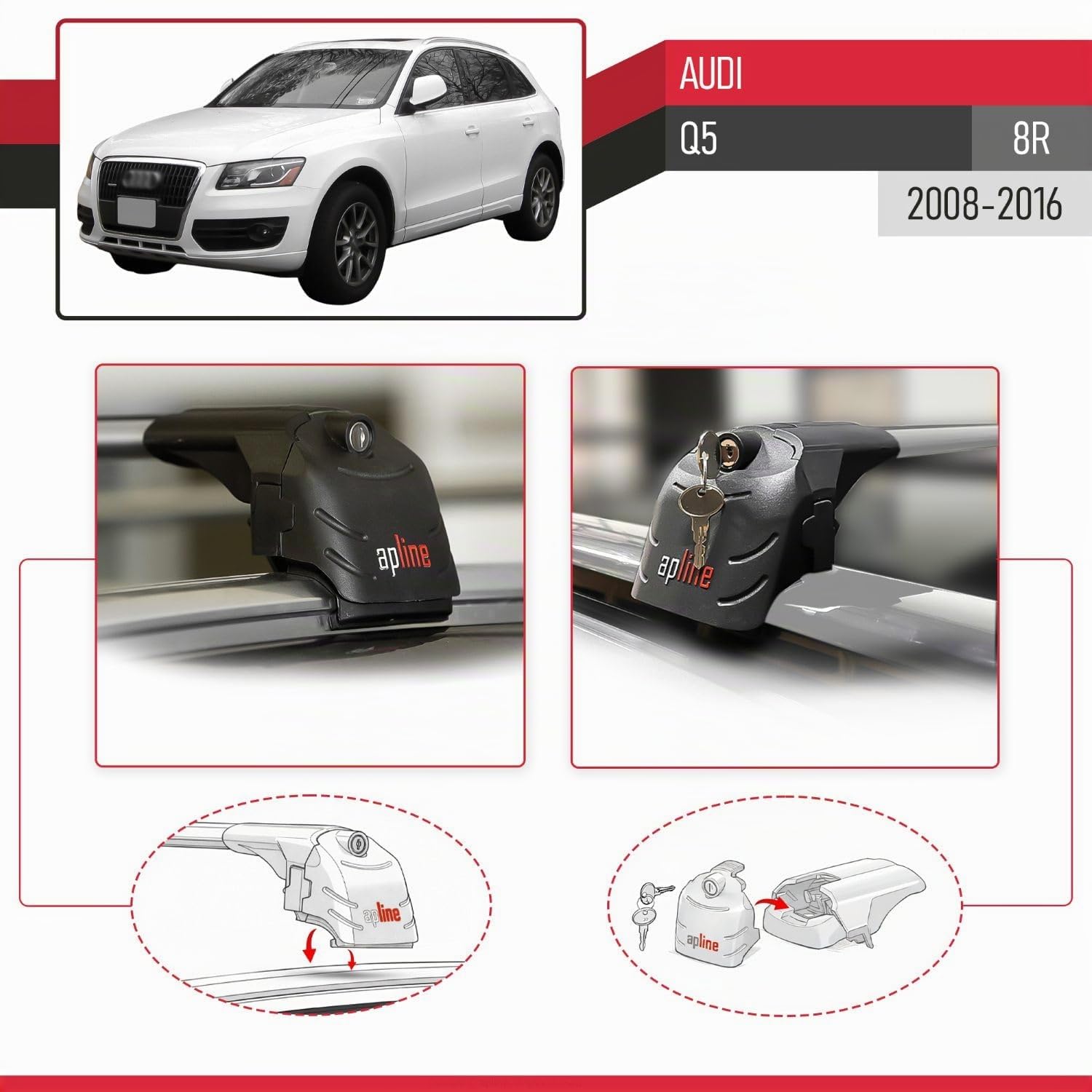 Compatible con Audi Q5 (8R) 2008-2016 Modelo Ace-2 Barra de Techo Auto Portaequipajes Barras Transversales Gris Aluminio 2 Barras
