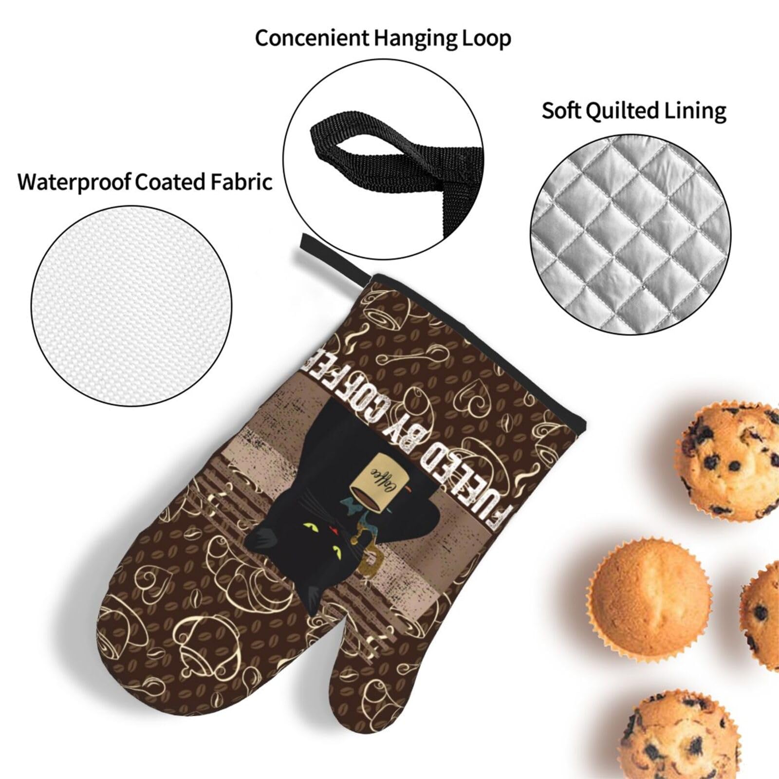 Ofenhandschuhe und Topflappen, Vintage-Katzen-Set, 3er-Set, Retro-Kaffee-Pads, Ofenhandschuhe, hitzebeständig, rutschfest, waschbar, für Küche, Kochen, Grillen, Backen