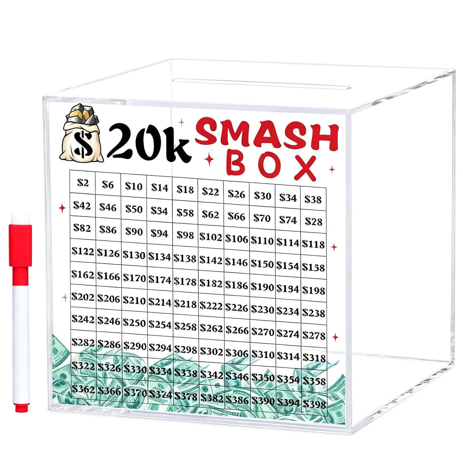 CAZSTYK Smash Box for Money, Unbreakables Piggy Banks Adults Save $ 10K / 20K Money Saving Challenge, Acrylic Savers for Cash Clear Acrylic Unbreakables Piggy Banks