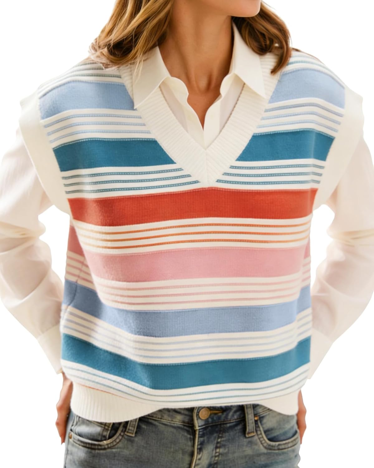 Womens Cap Sleeve Sweater Vest Striped Color Block V Neck Sleeveless Tank Top Loose Summer Sweater Vest Tops