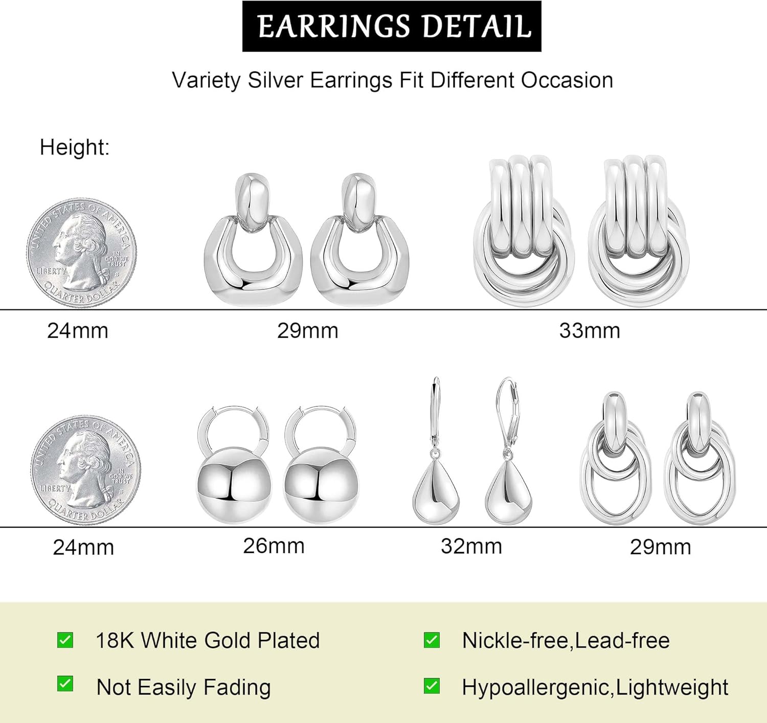 5 Pairs Chunky Gold Earrings for Women 18K Gold Plated Earrings Set Drop Dangle Earrings Lightweight Jewelry Gifts B Silver image 7 of 7 B0DY7K7XNR