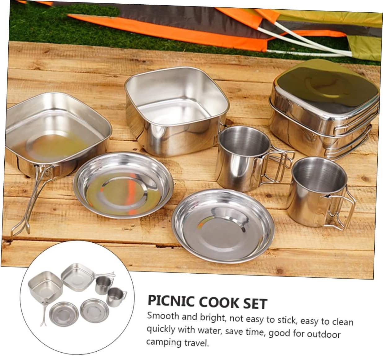 POPETPOP 6-Piece Outdoor Camping Cookware Set Portable Stainless Steel Pots and Pans for Backpacking Hiking and Picnics