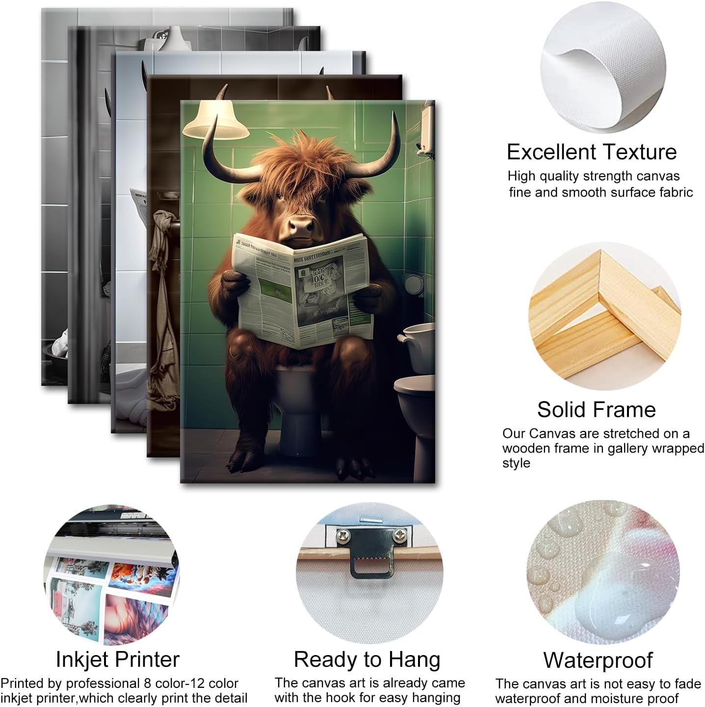 GLOKAKA Funny Highland Cow Wall Art Canvas in Bathroom Picture Farmhouse Styles Humor Animal Reading Newspaper Artwork Prints for Bathroom,Toliet,Kids Room Decor (Cow 01, 12"x18")