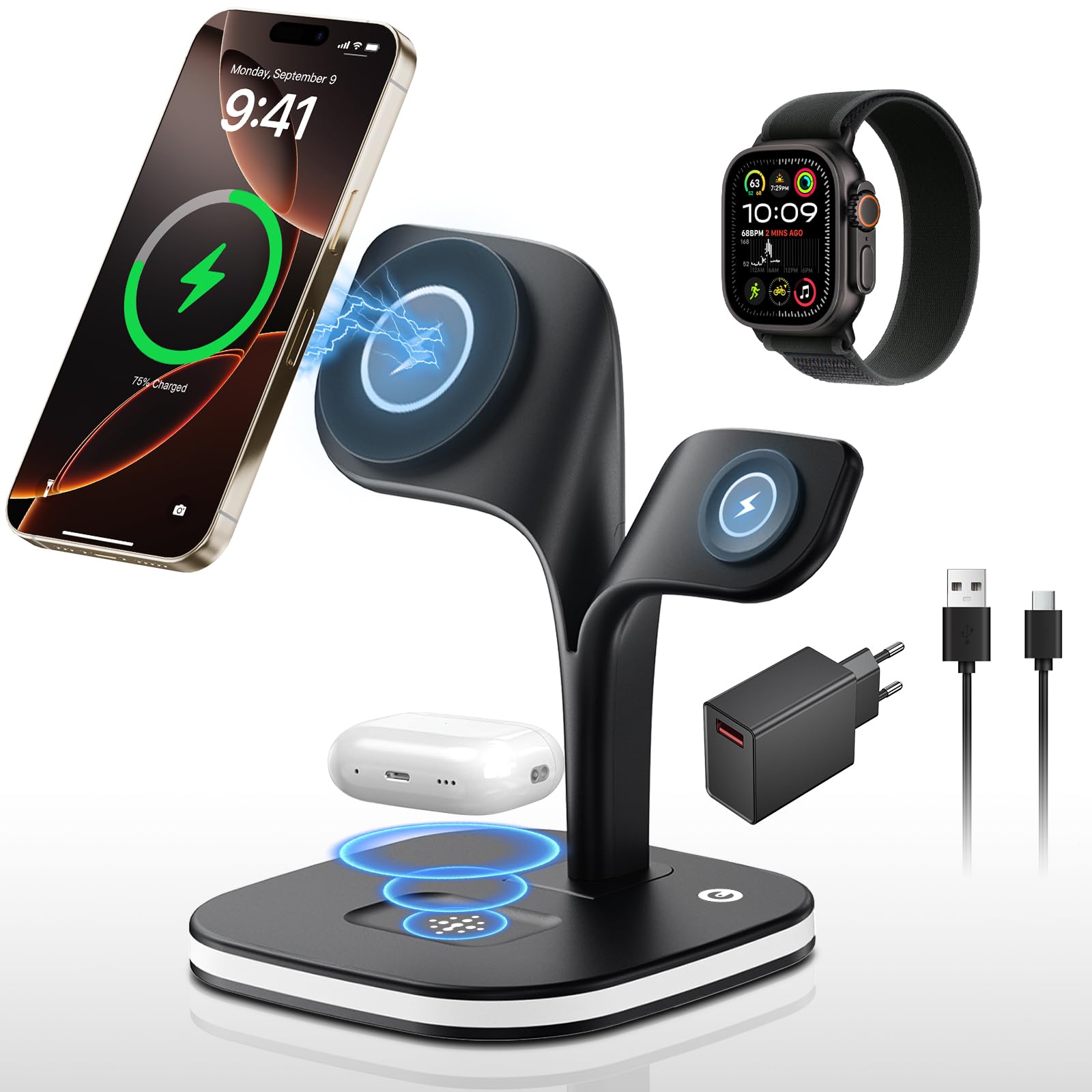 Stacja ładująca 5 w 1 do zegarka Apple Watch i iPhone, ładowarka magnetyczna do Magsafe iPhone 17 16 15 14 13 12 Series bezprzewodowa ładowarka do Apple Watch indukcyjna stacja ładująca do AirPods (z