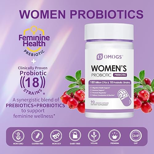 Miniatura 3 de OMOGS 2 unidades de probióticos para mujer, 180 mil millones de UFC, 18 cepas, con prebióticos, extracto de arándano, D-manosa y enzimas digestivas,