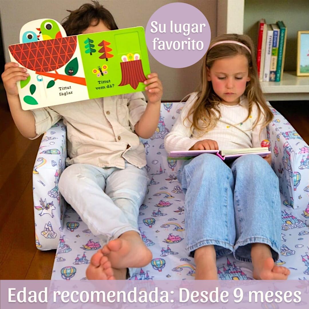 Sofá infantil plegable 2 en 1 de espuma alta densidad (25 kg/m³) - Sillón infantil ligero 2 kg, desenfundable, seguro, OEKO-TEX, Montessori desde 9 meses, no comprimido al vacío. (UNICORNIOS)