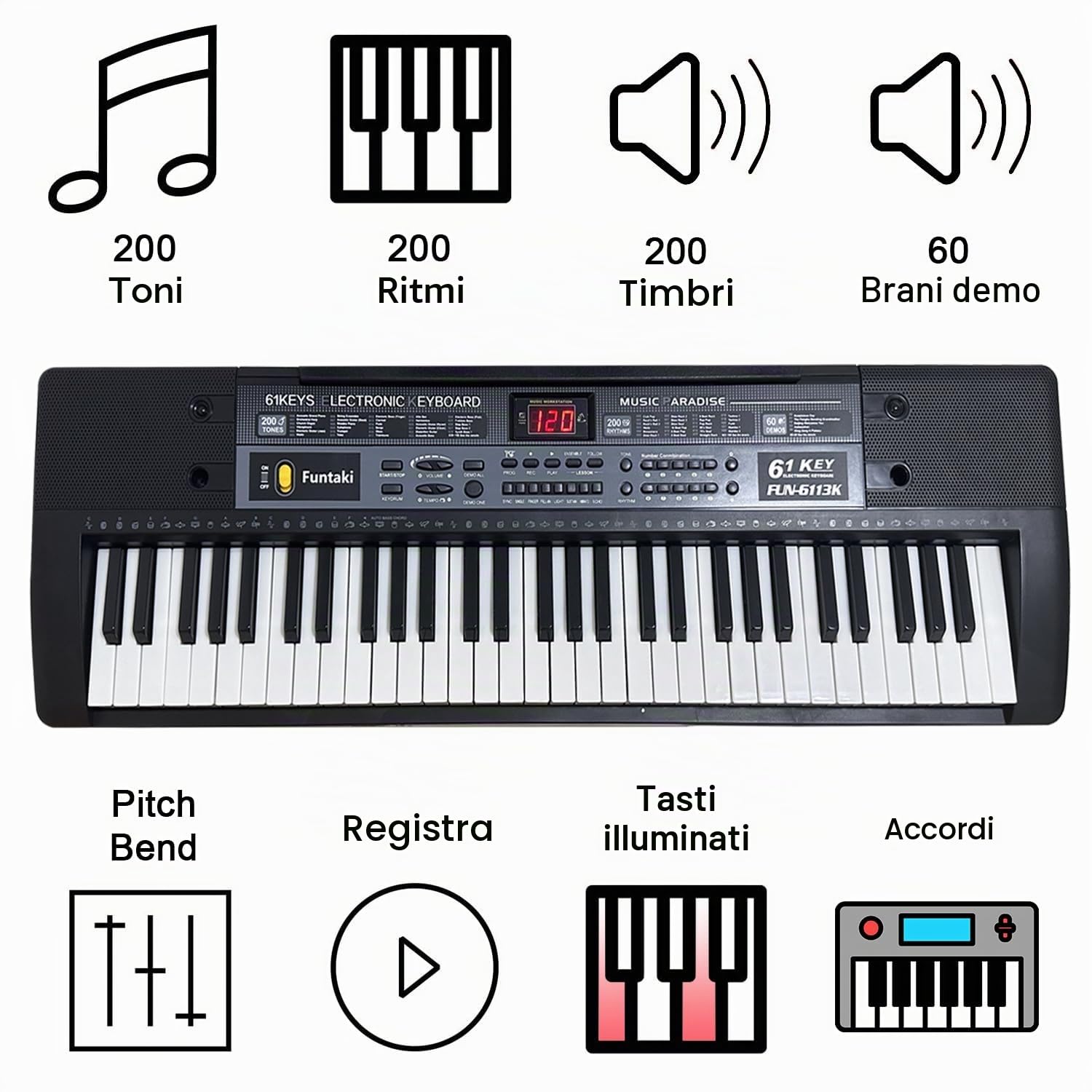 Pianoforte digitale portatile a 61 tasti, pianoforte elettronico con tasti illuminati e supporto musicale, mini tastiera per bambini e adulti, tastiera digitale Nero