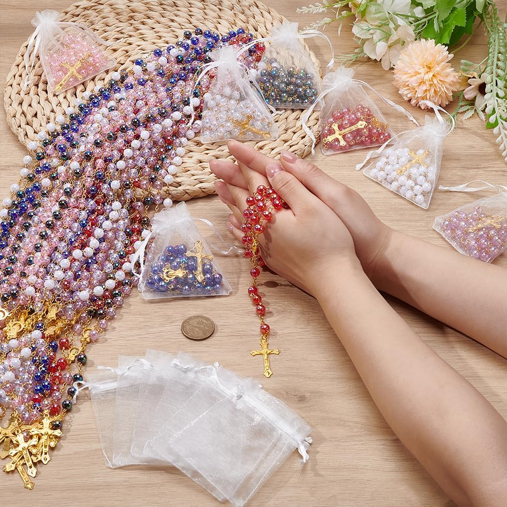 42Pcs Pearl Rosary Beads Bulk, 31.9 Inch Plastic Cross Rosary Necklace Virgin Cross Pendant Necklaces Baptism Favors for Communion Baptism Church Present Shower - Image 3
