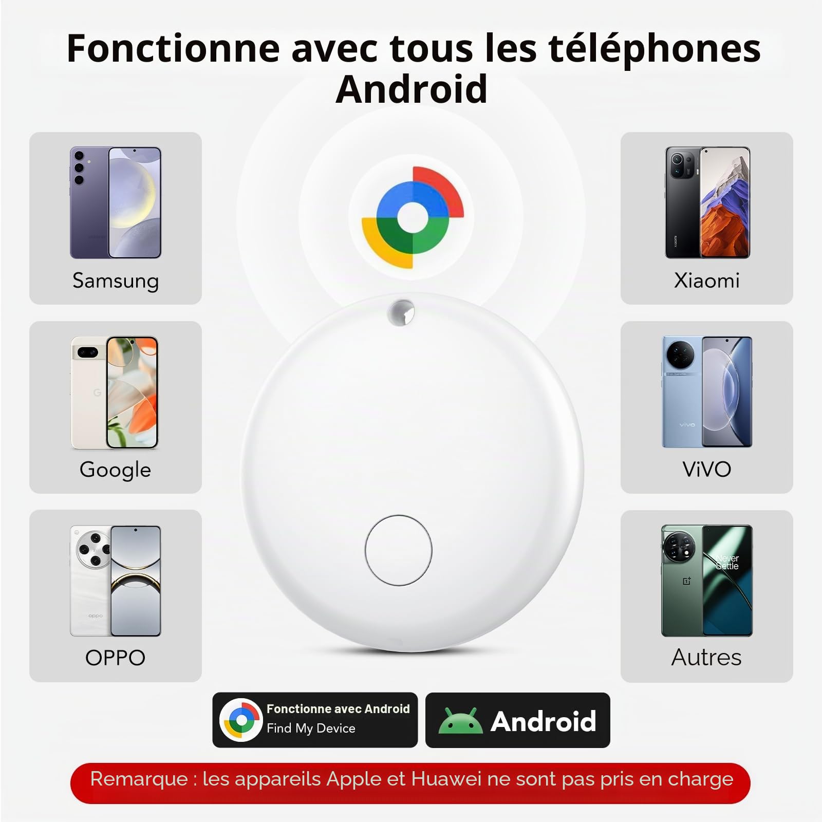Android Smart Tag, Traceur Lot de 4, Fonctionne avec l’app Google Localiser (Uniquement Android), Équipé d'un Étui de Protection, IP68 Imperméable, pour Les clés/Portefeuilles/Valises, Blanc