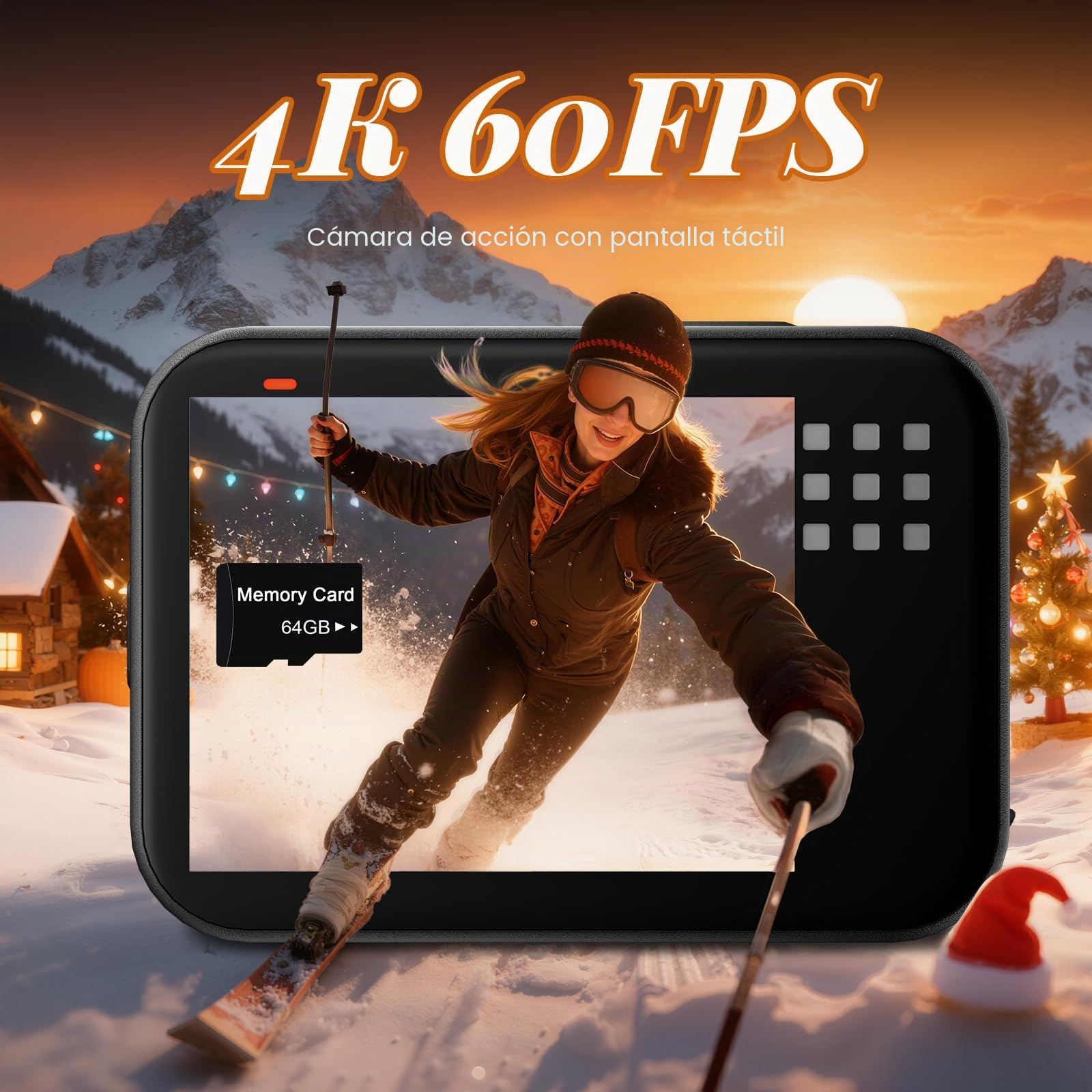 Cámara Deportiva con Pantalla táctil 4K60FPS.Cámara de acción de 64 MP con 64 GB.15M Cámara Subacuática. EIS-170° Camara Acción con Control Remoto,Zoom 8X -WiFi-2 * 1350 mAh Múltiples Accesorios.