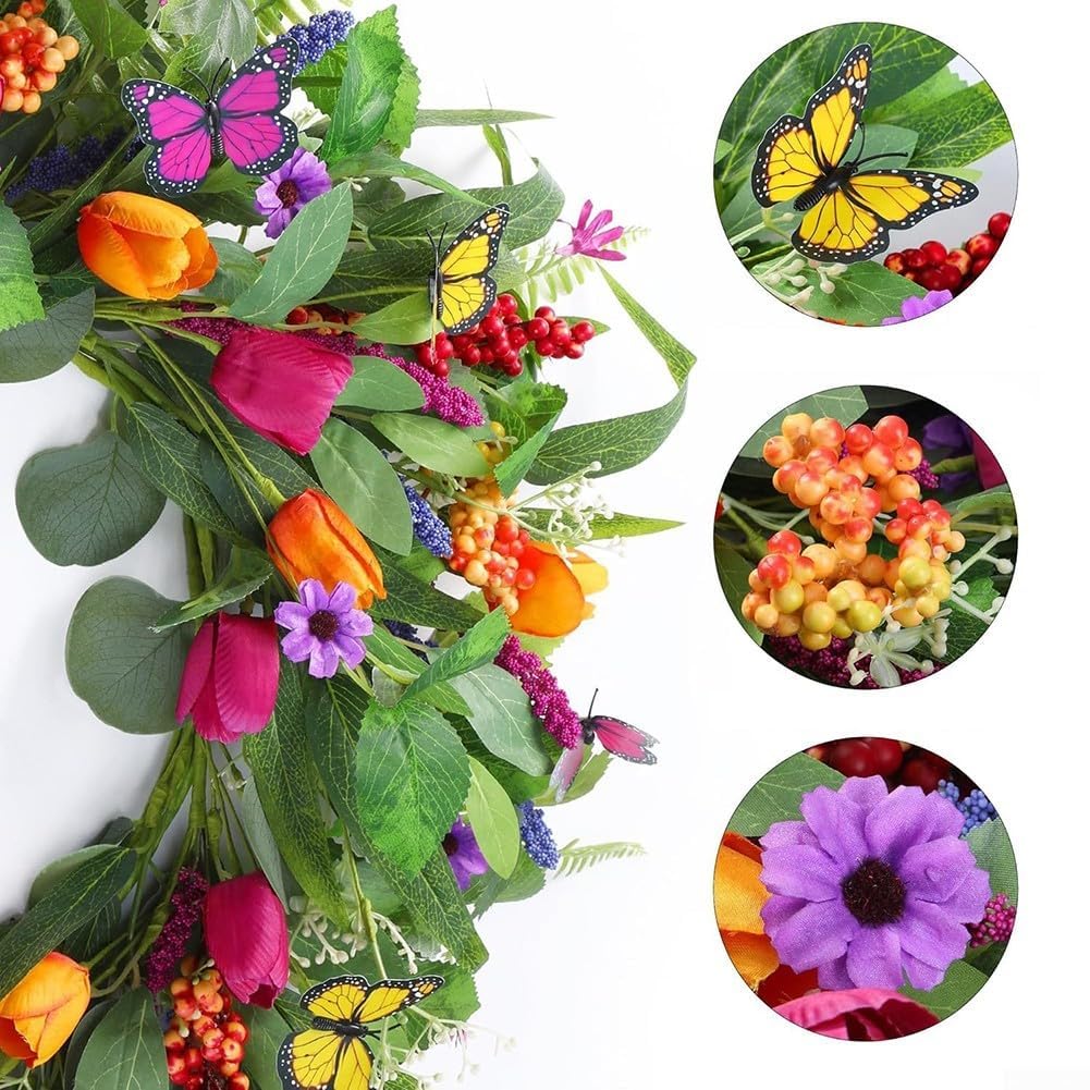 Ghirlanda artificiale da 55,9 cm con farfalle, eucalipto, margherite ed elementi botanici, per casa, ufficio o decorazione per l'ospitalità