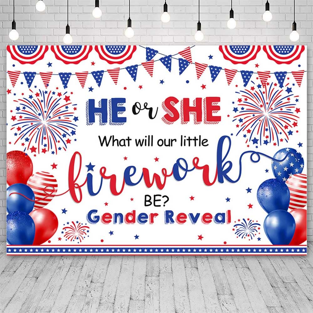 AIBIIN 7x5ft Independence Day Gender Reveal Backdrop He Or She What Will Our Little Livework Be Gender Reveal Banner Photography Happy 4th of July Party Decorations Background Photo Props