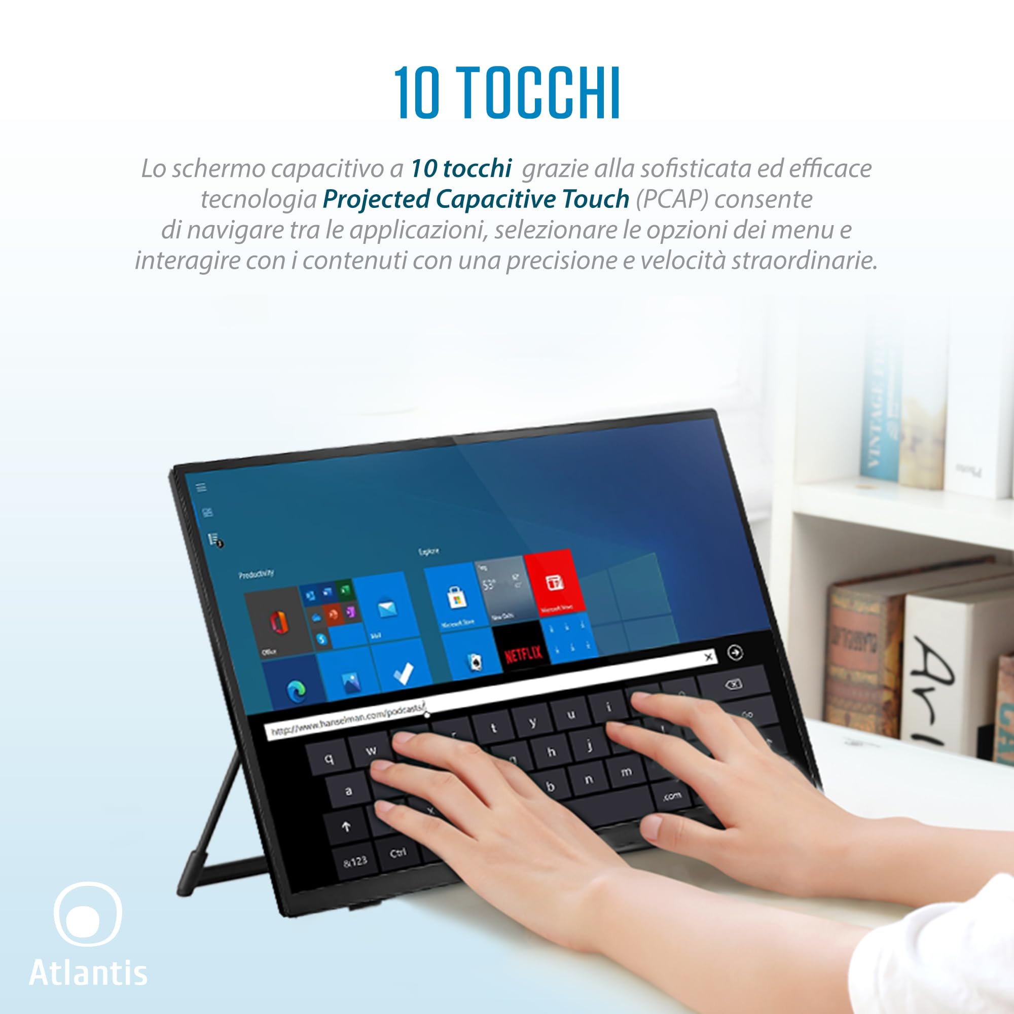 Atlantis Monitor Touch 16 pollici Full HD a 10 tocchi, inclinabile | FHD 1920x1080, HDMI/VGA, inclinazione 15°-50°, vetro protettivo 7H, contrasto 800:1, VESA 75, cod. A05-T16A-VHM