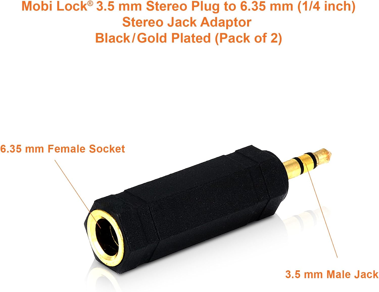 Mobi Lock 3.5mm Plug to 6.35mm Socket (Pack of 2) 1/8 to 1/4 inch Stereo Audio Jack Adapter | Connects Devices with 3.5mm Port to Your Amplifiers, Guitar, Piano, Speakers & Mic That use 6.35mm Port