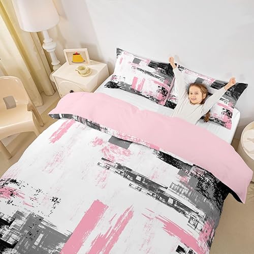 Miniatura 5 de Feelyou Juego de funda de edredón abstracta para niños, juego de ropa de cama moderno de arte abstracto rosa, blanco y negro, juego de funda de