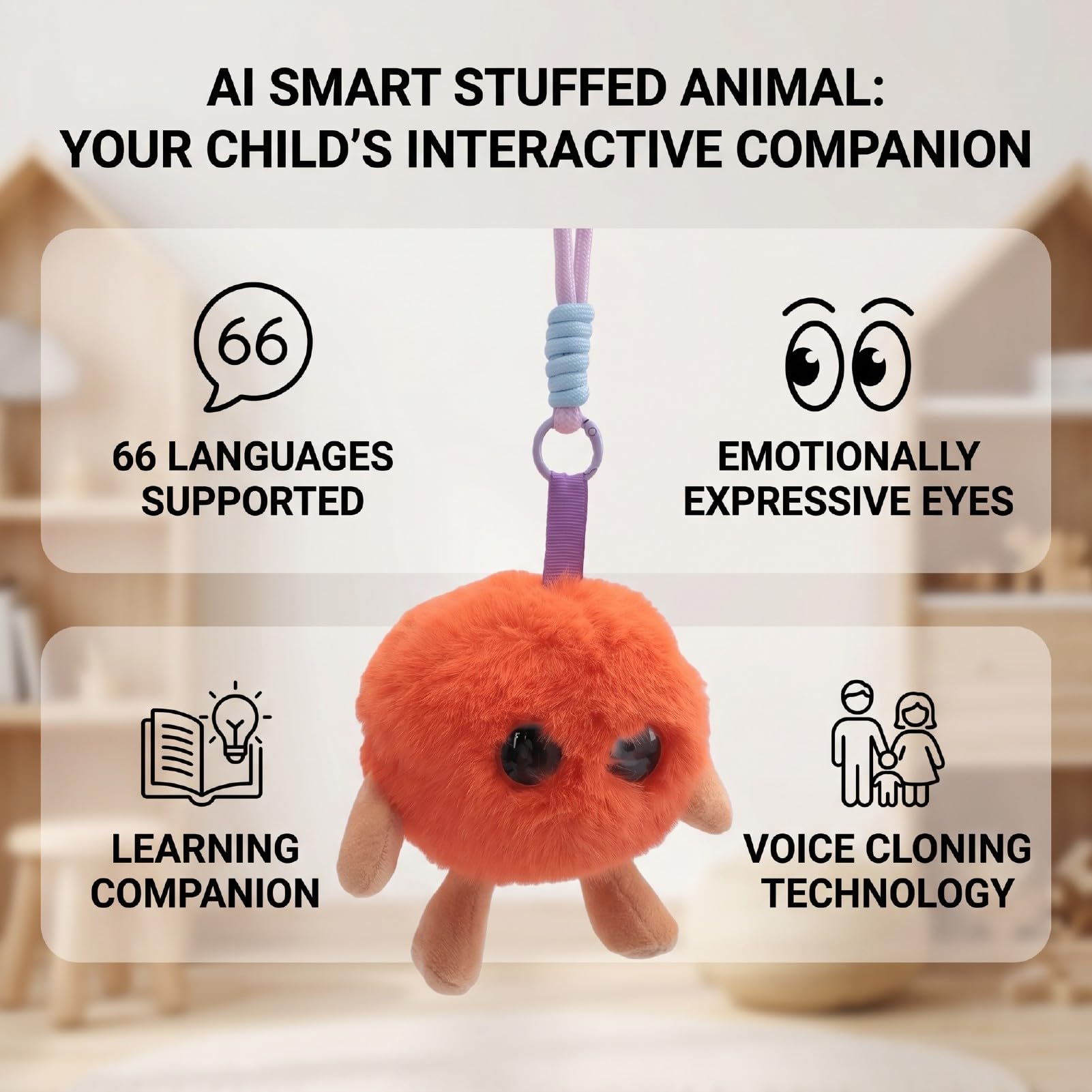 Juguete de Peluche Inteligente con IA, 8 X 10 Cm, USB Tipo C, Batería de 1000 MAh, Compañero de Aprendizaje Multilingüe con Ojos Expresivos, Control de Aplicación para Niños (Orange)