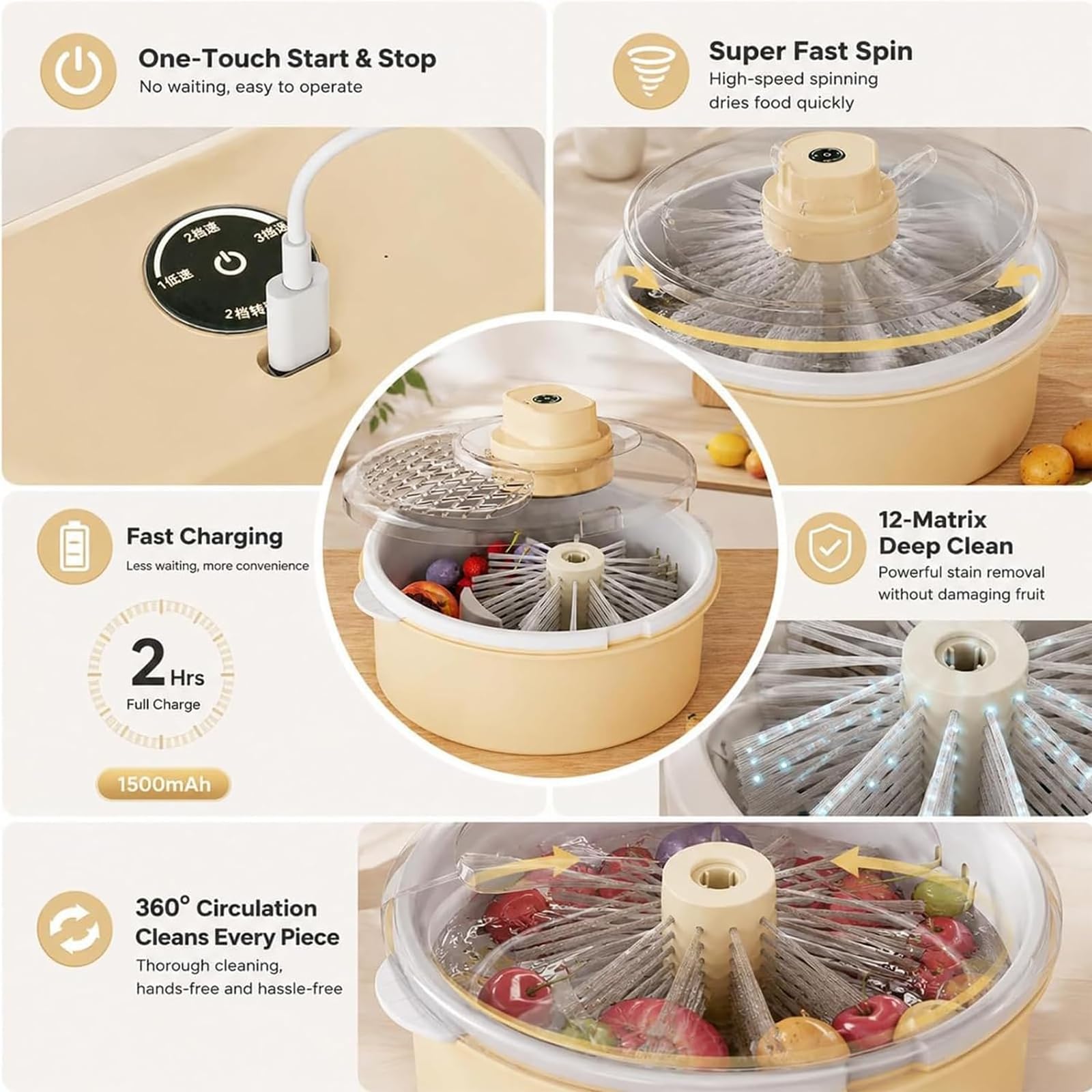 Centrifuga elettrica per Lavatrice per Frutta, Lavaggio e centrifuga a 360° | 12 testine e base antiscivolo, ciotola per la pulizia di frutta e verdura, per insalata di lattuga(white)